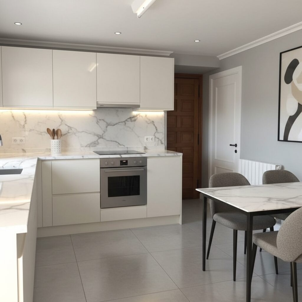 Simulación con IA de esa cocina con muebles blancos y encimera de mármol